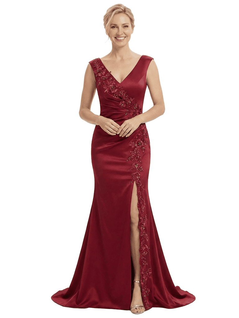 Chicsew Mother of The Groom Dresses V-Neck Sleeveless Satin Mermaid Train Gown with Slit Elegant Beaded Formal Bridal Party Dress