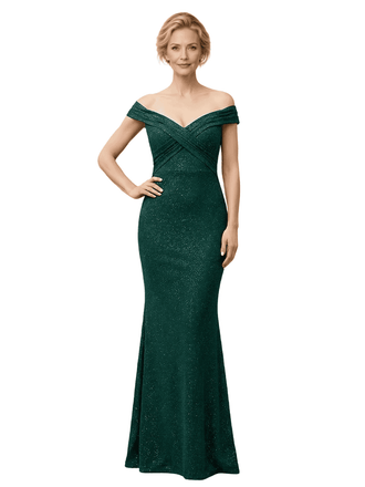Elegant Off Shoulder V-Neck Mermaid Glitter Jersey Floor-Length Mother Of The Bride Dresses