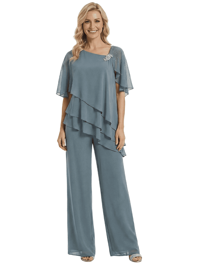 Morden Asymmetric Neck Chiffon Half Sleeves Mother Of The Bride Pantsuits Plus Size