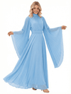 High Neck Pleated Chiffon Mother Of The Bride Dress Bell Sleeves A-Line Maxi Gown with Waist Sash