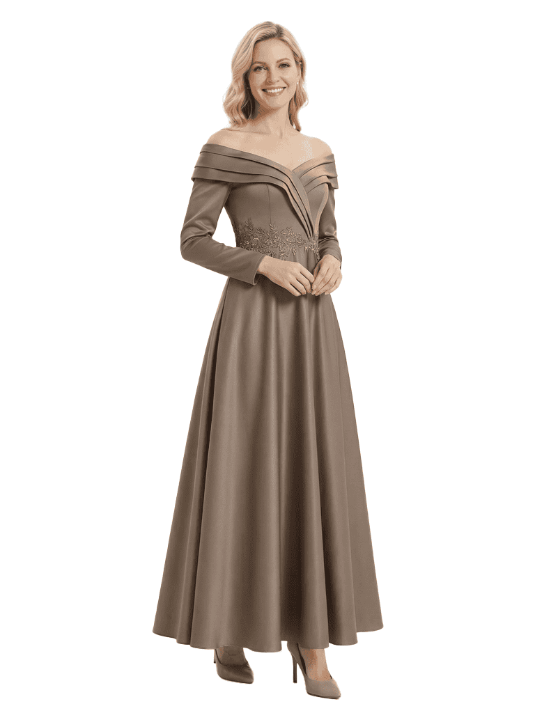 Elegant Long Sleeves Off Shoulder Lace Appliques A-Line Satin Mother of the Groom Evening Dress