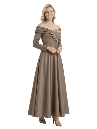 Elegant Long Sleeves Off Shoulder Lace Appliques A-Line Satin Mother of the Groom Evening Dress