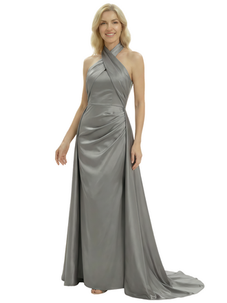 Elegant Cross Halter Neck Satin Mother of The Groom Dress Sleeveless Sheath Maxi Gown