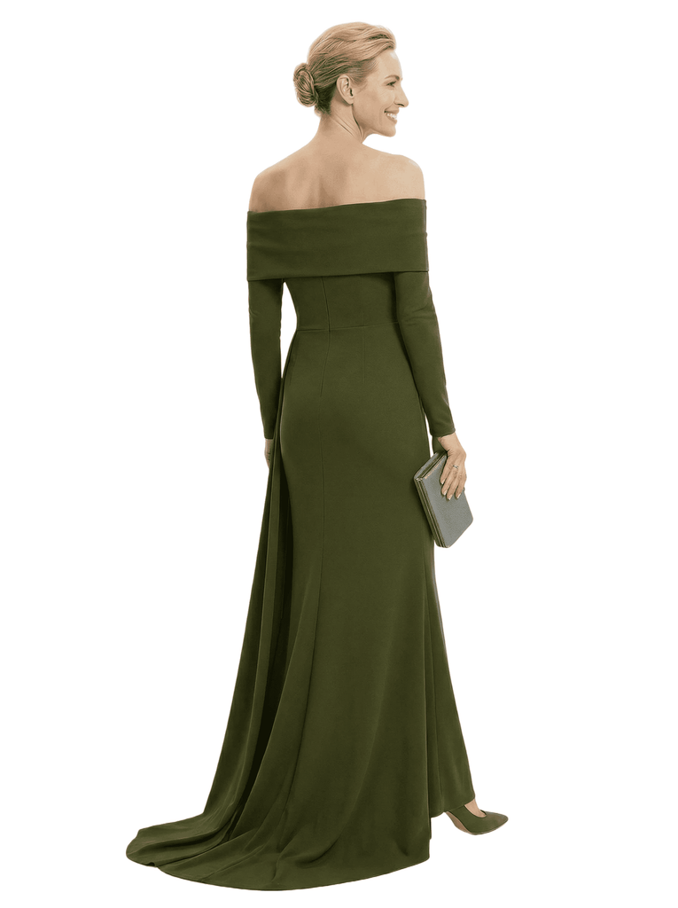 Chicsew Mother of The Groom Dress Off Shoulder Long Sleeve Trumpet Maxi Gown with Train Classy Silhouette
