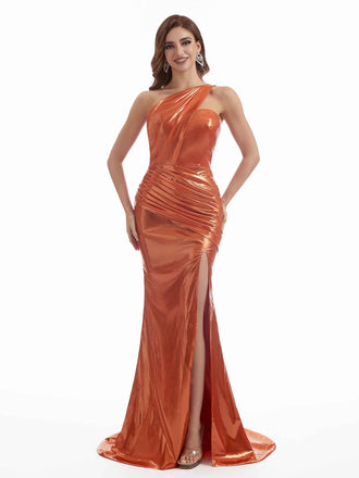 Sexy Side Split Mermaid One Shoulder Metallic Stretch Shiny Fabric Long Wedding Guest Dresses