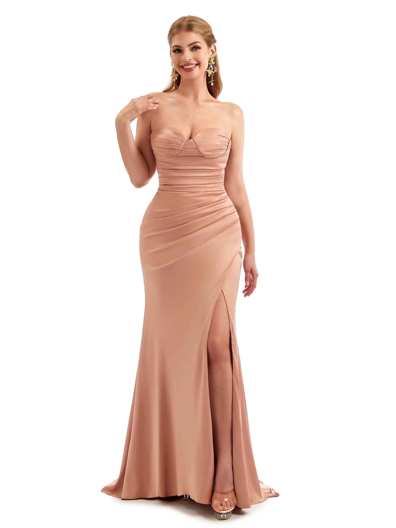 Silky Satin Strapless Sweetheart Sexy Side Split Bridesmaid Dresses UK Online