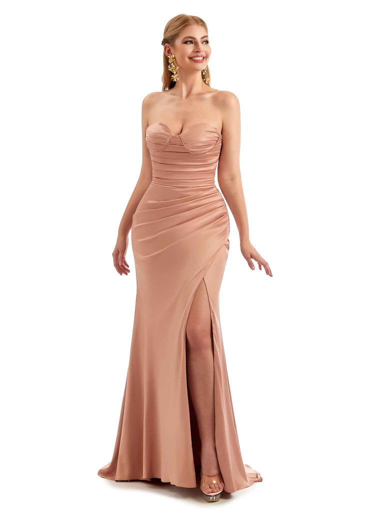 Sexy Strapless Sweetheart Side Split Stretchy Satin Bridesmaid Dresses Online