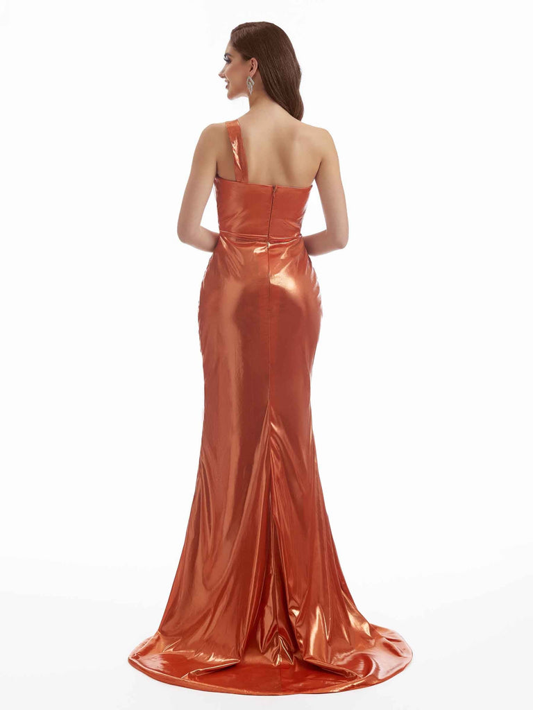 Sexy Side Split Mermaid One Shoulder Metallic Stretch Shiny Fabric Long Wedding Guest Dresses