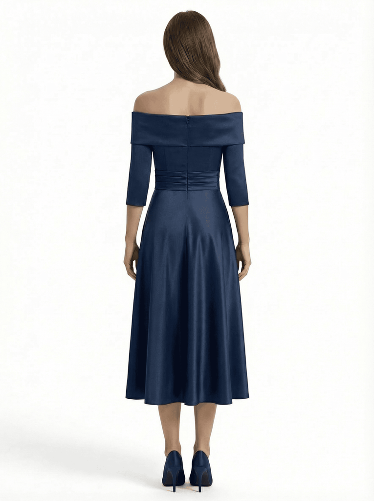 Mother of The Groom Gown Off Shoulder Long Sleeve Bow Satin Tea-Length A-Line Dress Trendy Wedding Guest Attire