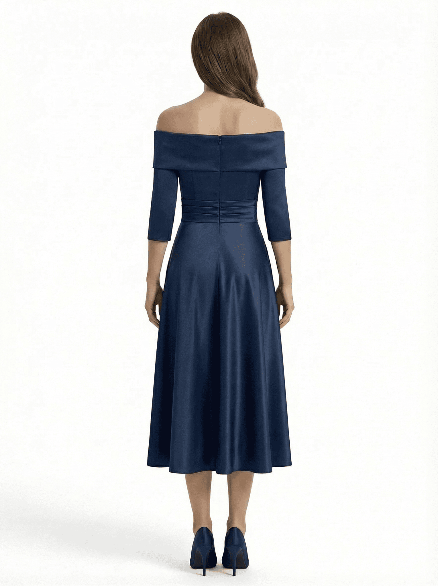 Mother of The Groom Gown Off Shoulder Long Sleeve Bow Satin Tea-Length A-Line Dress Trendy Wedding Guest Attire