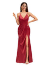 Sexy V-Neck Spaghetti Straps Side Slit Open Back Mermaid Soft Satin Long Bridesmaid Dresses