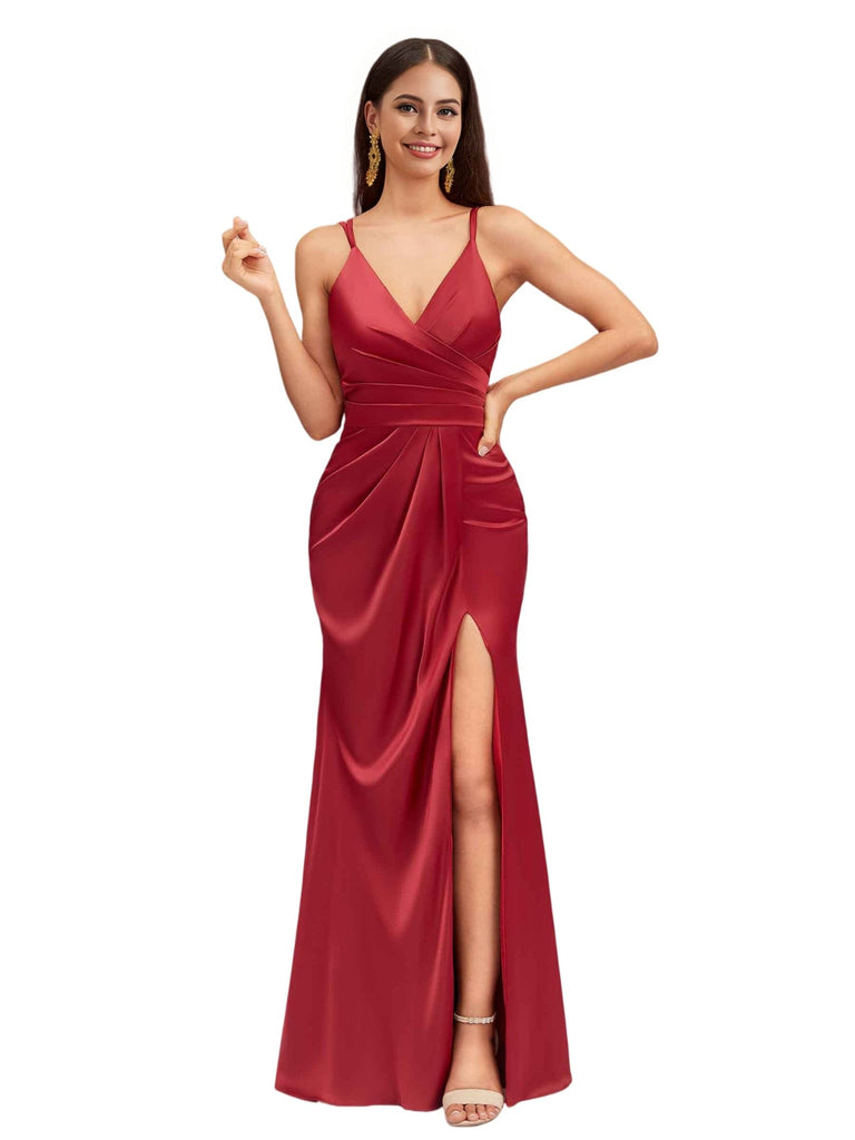 Sexy V-Neck Spaghetti Straps Side Slit Open Back Mermaid Soft Satin Long Bridesmaid Dresses