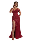 Gorgeous Cold Shoulder Mermaid Pleated Silky Satin Side Slit Long Bridesmaid Dresses
