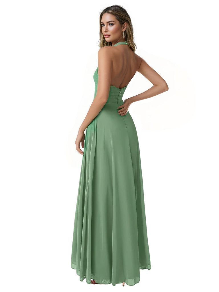Sexy Halter V-Neck A-line Chiffon Floor-Length Bridesmaid Dresses