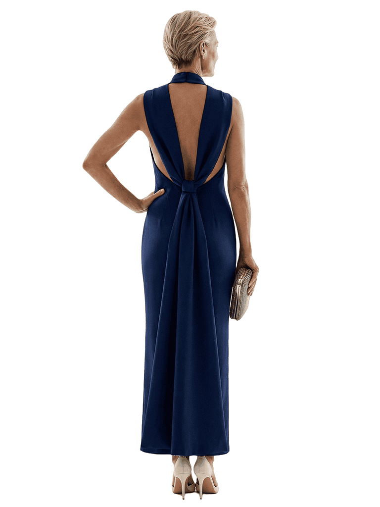 Unique High Neck Sleeveless Sheath Classy Satin Mother of the Groom Evening Dress