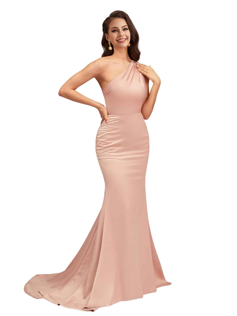 Sexy One Shoulder Soft Satin Open Back Mermaid Long Bridesmaid Dresses Online