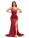 Elegant One Shoulder Mermaid Side Slit Soft Satin Long Wedding Bridesmaid Dresses
