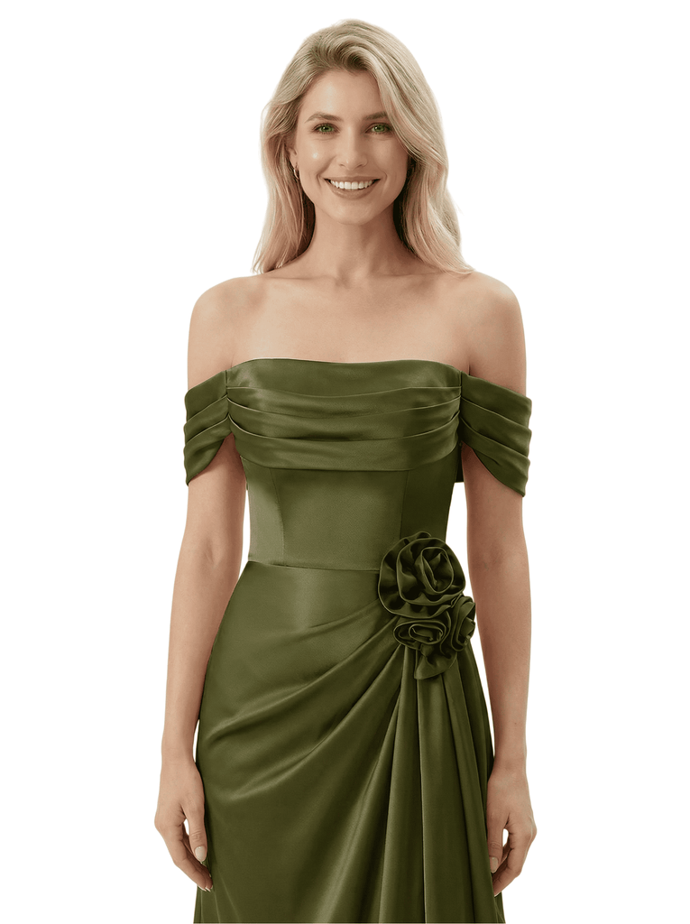 Off The Shoulder Ruching Satin Mother Of The Groom Dress Mermaid Maxi Gown With Floral Accent Train