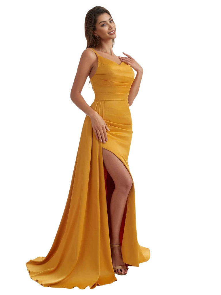 Elegant Side Slit Mermaid Ruched Satin Formal Long Bridesmaid Dresses Spaghetti Strap