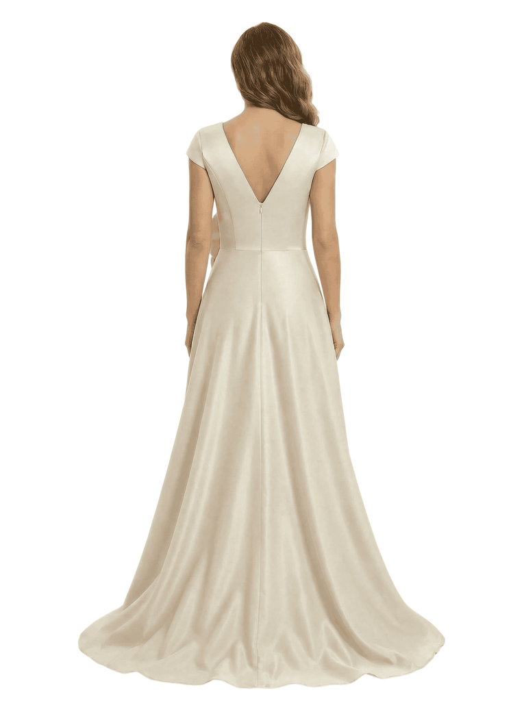 V-Neck Satin Mother Of The Groom Dress Cap Sleeves A-Line Maxi Gown With Handmade Flower