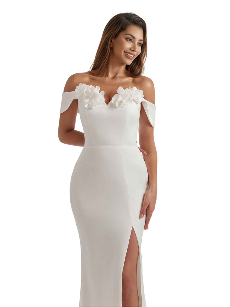 Elegant Off The Shoulder Mermaid Satin Long Bridesmaid Dresses Slit Hand Made Flower