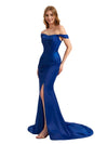 Elegant Off The Shoulder Silky Satin Unique Side Split Mermaid Long Bridesmaid Dresses Online