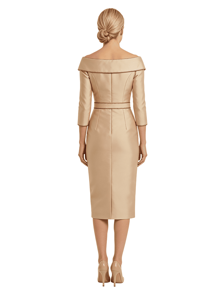 Modern Boat Neck Long Sleeve Midi Mother of the Bride Dress Wth Bow Waist