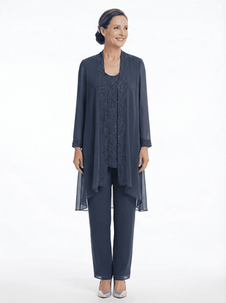 ChicSew Elegant Chiffon Mother Of The Bride Pant Suits Three Piece Classy Outfits With Long Jacket