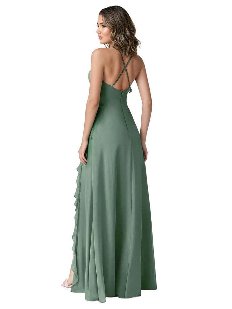 Sexy Ruffle Spaghetti Straps A-line Side Slit Chiffon Floor-Length Bridesmaid Dresses