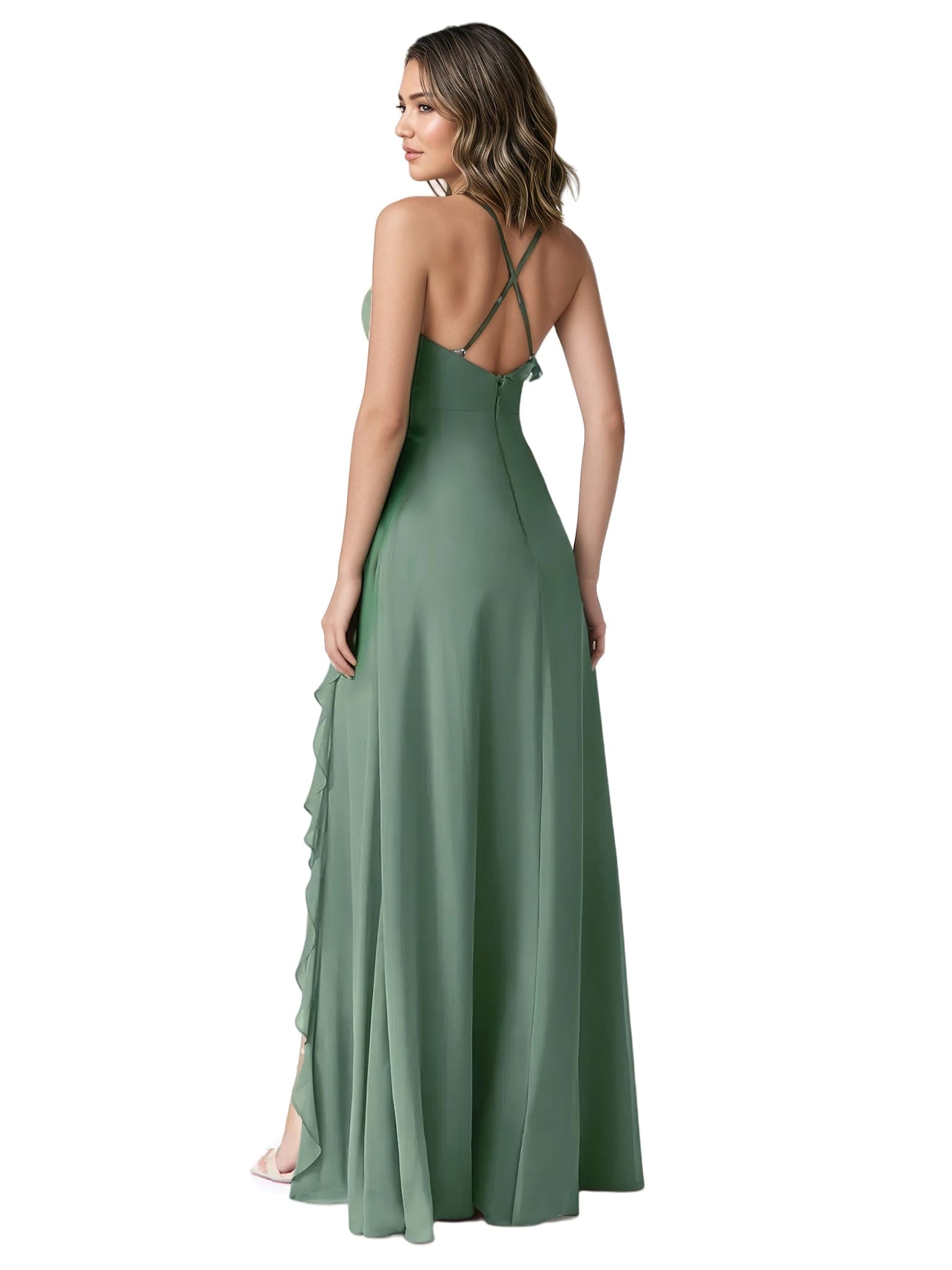 Sexy Ruffle Spaghetti Straps A-line Side Slit Chiffon Floor-Length Bridesmaid Dresses