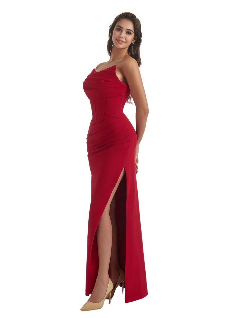 Sexy Sweetheart Mermaid Crepe Long Bridesmaid Dress For Wedding Boning Side Slit