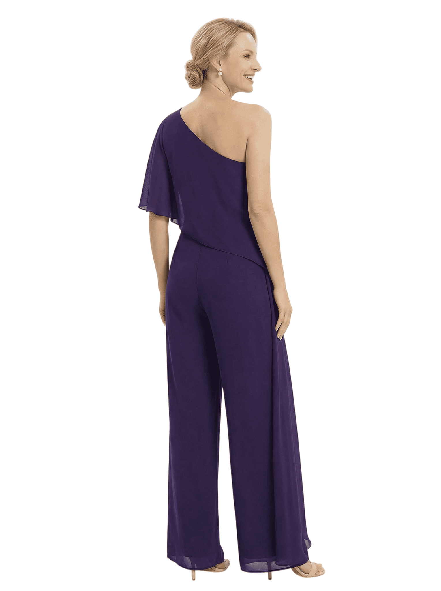Elegant One Shoulder Chiffon Mother Of The Bride Pantsuit Formal Wedding Attire