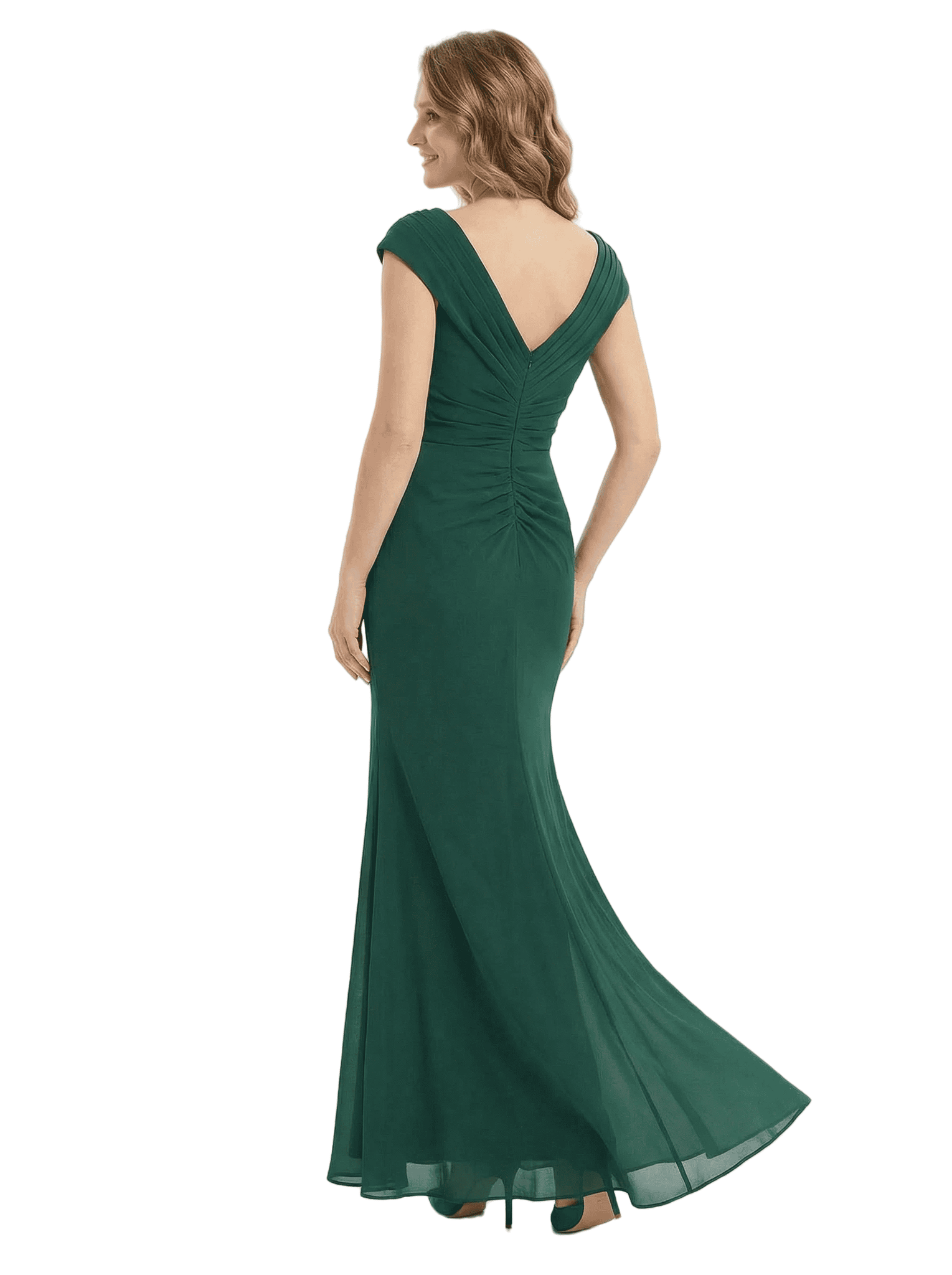 Stunning Ruched Mermaid Mother Of The Bride Dress Cap Sleeve V-Neck Chiffon Formal Gown