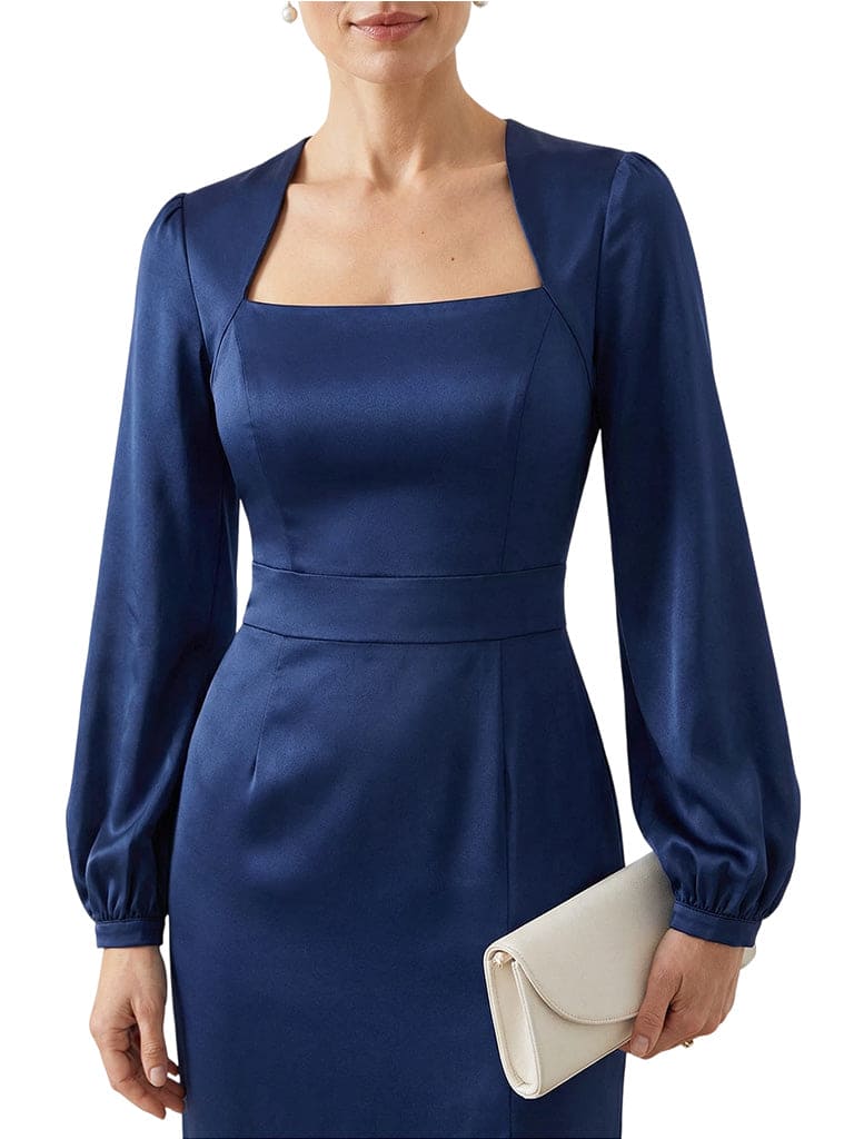Sophisticated Square Neck Puff Sleeve Satin Sheath Mother Of The Groom Dress