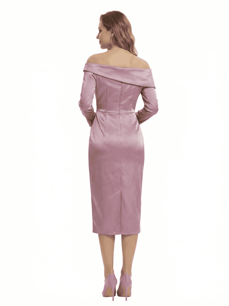 Chicsew Chic Off Shoulder Long Sleeves Sheath Satin Mother of The Groom Dress