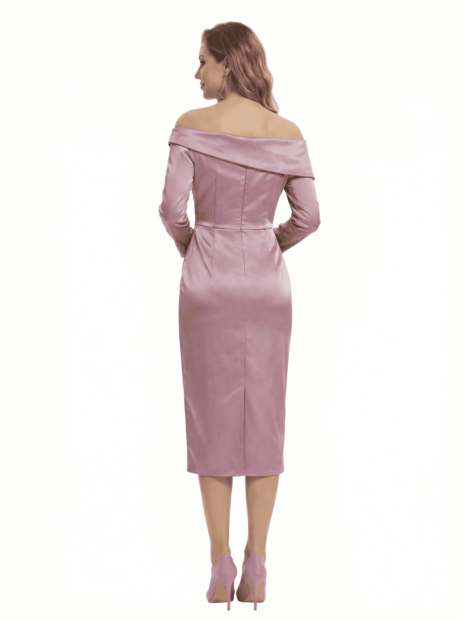 Chicsew Chic Off Shoulder Long Sleeves Sheath Satin Mother of The Groom Dress