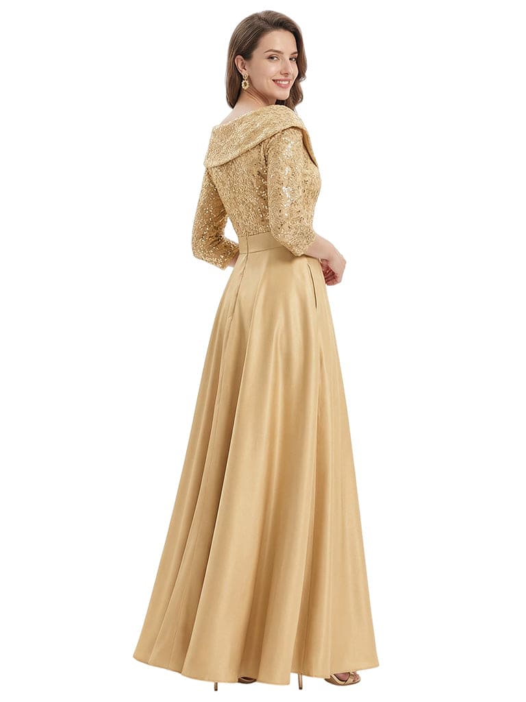 Stunning Sequin V-Neck A-Line Mother Of The Bride Satin Evening Gown