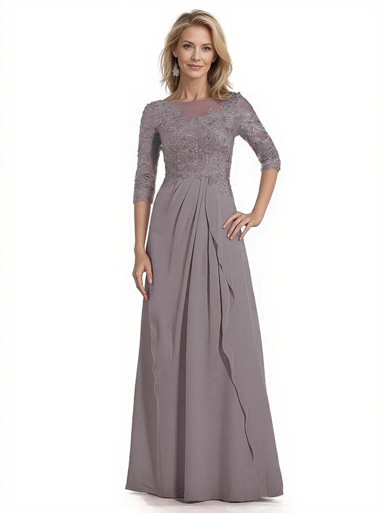 Women's Lace Applique Half Sleeves Chiffon A-Line Mother Of The Bride and Groom Dresses