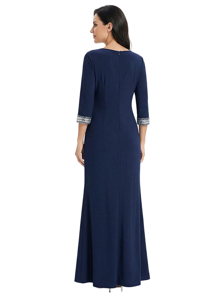 Fancy V-Neck 3/4 Sleeves A-line Mother Of The Bride Gown With Sequin Cuffs