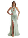Sexy Side Split V-Neck Mermaid Ruched Satin Long Bridesmaid Dresses Slit Online