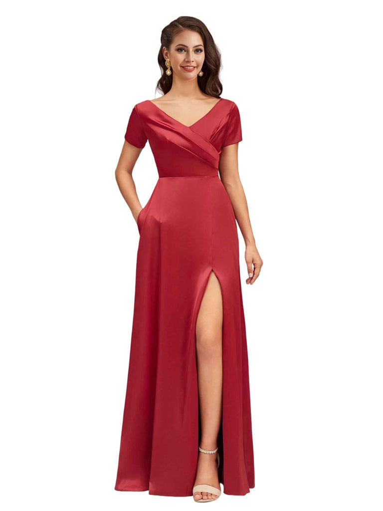 Elegant V-Neck Short Sleeves Long Soft Satin Bridesmaid Dresses With Slit