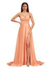 Sexy Spaghetti Straps A-Line Soft Satin Criss cross Side Slit Long Bridesmaid Dresses