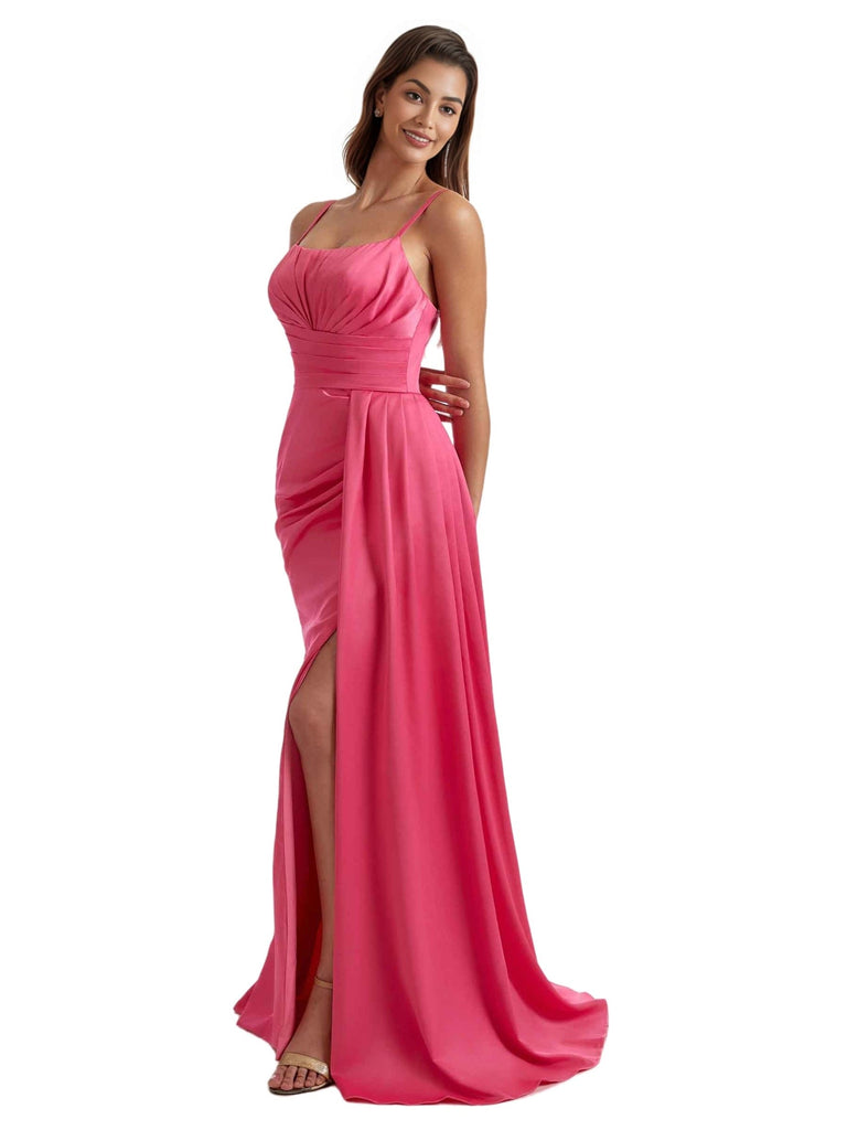 Mermaid Side Split Silky Satin Modern Long Bridesmaid Dresses Elegant Spaghetti Straps