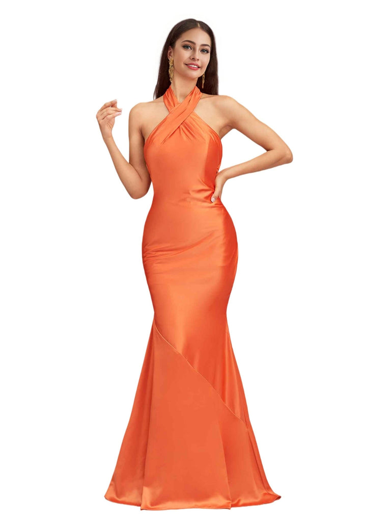 Sexy Halter Mermaid Backless Satin Open Back Floor Length Bridesmaid Dresses Online