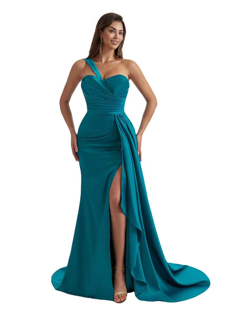 Elegant One Shoulder Mermaid Ruched Satin Chic Long Bridesmaid Dresses Slit Online