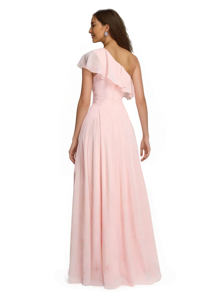Elegant One Shoulder Ruffle Sleeves A-line Chiffon Long Bridesmaid Dresses
