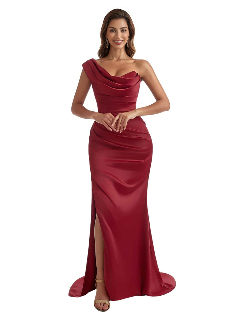 Sexy One Shoulder Side Slit Silky Satin Floor-Length Mermaid Bridesmaid Dresses