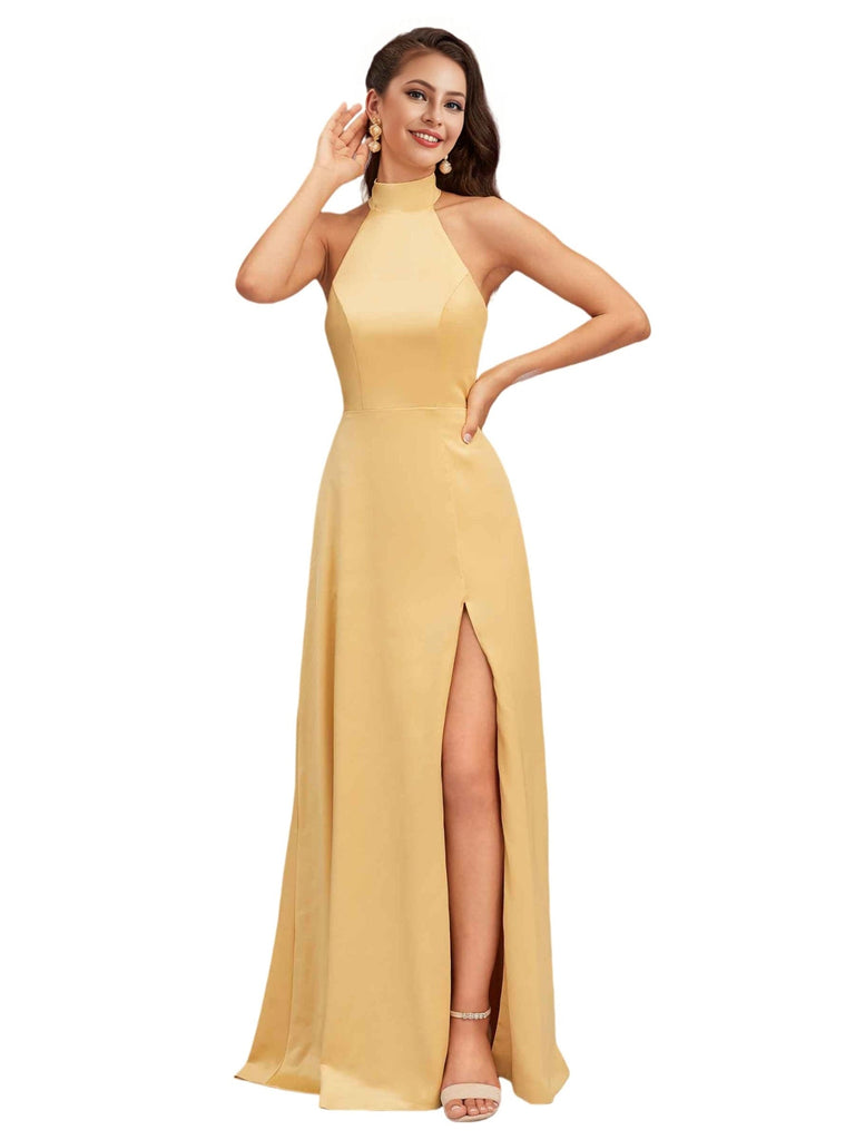 Elegant High Neck Side Slit Soft Satin A-Line Unique Long Bridesmaid Dresses