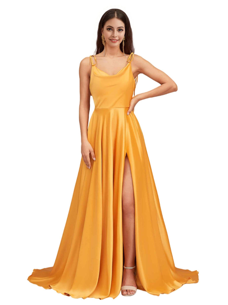 Sexy Side Slit Spaghetti Straps A-Line Soft Satin Pretty Long Bridesmaid Dresses