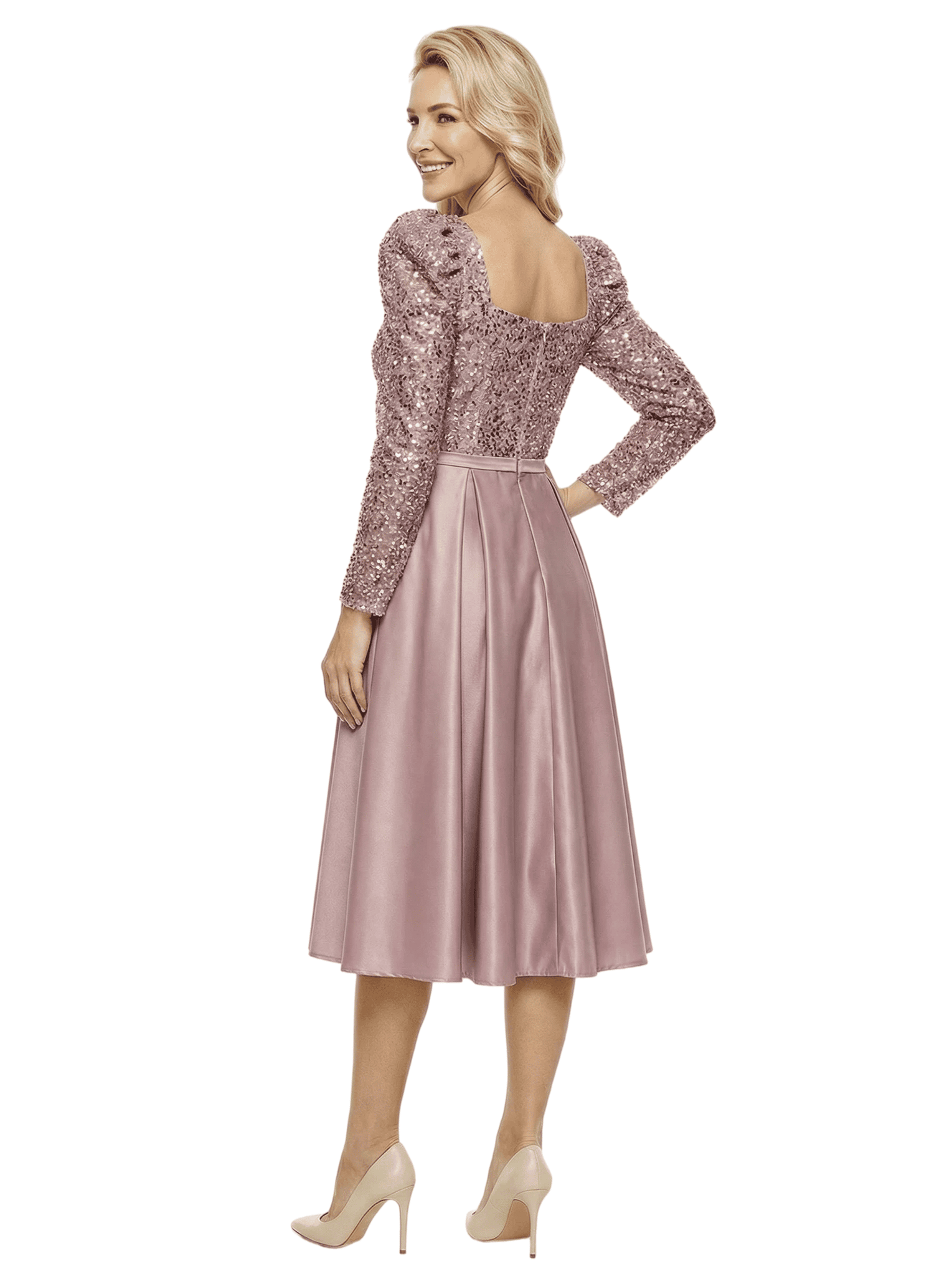Simple Square Long Sleeves Sequin Satin Midi A-Line Mother Of The Bride Dresses